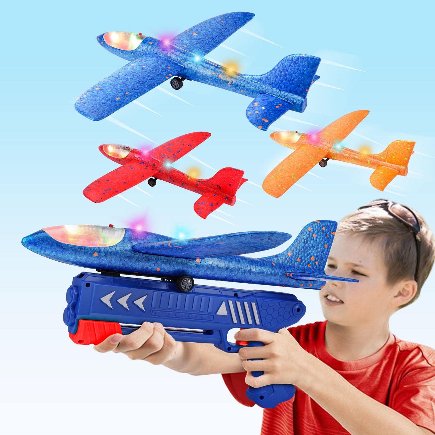 3-Pack LED Foam Glider Planes with Launcher – 2 Flight Modes, Outdoor Toy for Kids Ages 3–12